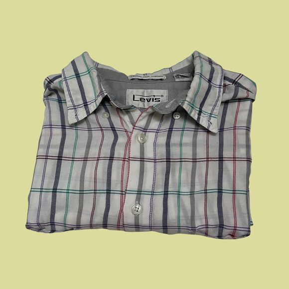 90s Levis shirt, vintage mens L plaid teal/purple casual button down - Picture 3 of 8